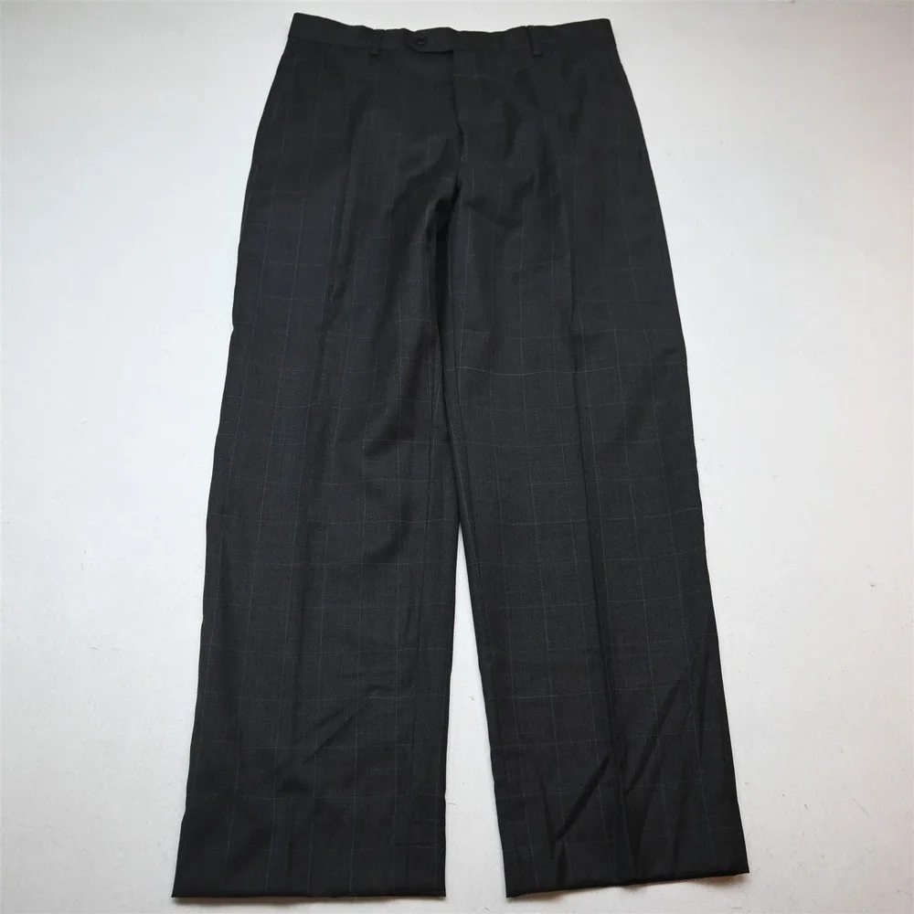 Jos A Bank 41L 34x32 Gray Windowpane 100% Wool Mens Jacket Pants Suit
